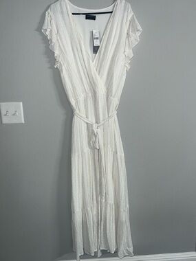 Lane Bryant White Tiered Maxi Wrap Dress with Tie Waist